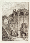 A figure next to thatched roofed hut, a stairway leading to an archway with a figure descending; a rotund building with a bell tower