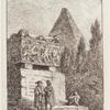 Two figures standing in front of a monument; a figure with head in his lap sitting on the steps; a pyramid in the background