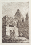 Two figures standing in front of a monument; a figure with head in his lap sitting on the steps; a pyramid in the background