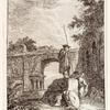 Man with tall spear or stick standing on a slab of rock, two figures leaning against the rock; arched structure in the background