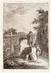 Man with tall spear or stick standing on a slab of rock, two figures leaning against the rock; arched structure in the background
