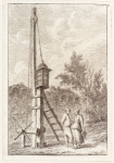 Two figures standing next to a wooden machine designed to hoist a lamp to the top of a pillar