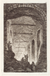 Figures looking inside the large opening in an exterior wall revealing the light-filled interior of a structure with a series of arched entryways