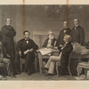 First reading of the Emancipation Proclamation before the cabinet. From the original picture painted at the White House in 1864. [Subjects from R to L:] Edwin M. Stanton. Salmon P. Chase. President Lincoln. Gideon Welles. Caleb Smith. William H. Seward. Montgomery Blair. Edward Bates.