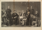 First reading of the Emancipation Proclamation before the cabinet. From the original picture painted at the White House in 1864. [Subjects from R to L:] Edwin M. Stanton. Salmon P. Chase. President Lincoln. Gideon Welles. Caleb Smith. William H. Seward. Montgomery Blair. Edward Bates.