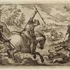 Man on horseback and dogs chasing a stag