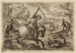 Man on horseback and dogs chasing a stag