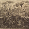 Bare trees, water in foreground, fisherman in background