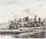 Small body of water at left, man sitting on ground, trees and house in background