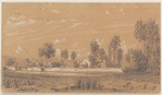 Field in foreground, houses and trees in background