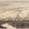 Meadow with scattered trees, cows in stream in center