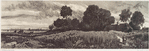 Woman walking up hill towards cottage in clump of trees, cows in field in left background