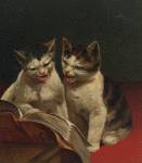 Christmas cards depicting cats reading, bears dancing, owls singing, tortoise, and hare.