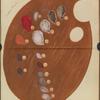 Artists' palette with various colors, each labeled with a letter.