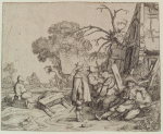 Seven figures in a landscape with uprooted trees and dilapidated structures