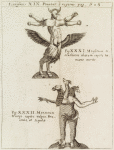 Iconismus XIX. Ponatur è regione. Fig. XXXI. Monstrum tetrachiron alatum capite humano aurito; Fig. XXXII. Monstrum triceps capite vulpis, Draconis, et Aquilœ.
