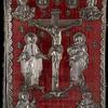 Front cover: red velvet with silver repoussé of Jesus on the cross with the Virgin Mary at left and St. John at right and busts of the four Evangelists in each corner