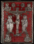 Front cover: red velvet with silver repoussé of Jesus on the cross with the Virgin Mary at left and St. John at right and busts of the four Evangelists in each corner