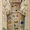 Page of text with two miniatures, rubrics, placemarkers.  Right miniature includes coats of arms of archbishoprics of Cologne and Mayence