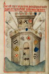 Page of text with two miniatures, rubrics, placemarkers.  Right miniature includes coats of arms of archbishoprics of Cologne and Mayence