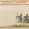 Two men on horseback wearing crowns of foliage and holding tridents