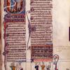 Large initial Q of Psalm 51, showing scenes from 2 Samuel 1.  Scrolls are missing their text.  Illuminated titles, initials, linefillers, rubric, miniatures at bottom of page (with text in scrolls)