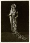 Lily Lubell as Gloria Swanson wearing a stripe dress and holding an umbrella in Island Street Follies