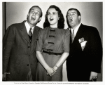 Publicity photo of Bud Abbott, Deanna Durbin, and Lou Costello