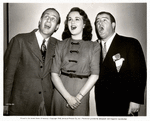 Publicity photo of Bud Abbott, Deanna Durbin, and Lou Costello