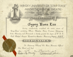 Strip-tease Certificate for Gypsy Rose Lee issued by Minsky's Theatre