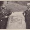 Jack L. Warner, unidentified boy and unidentified man standing near Mount-Warner rock.