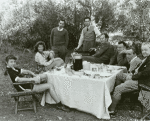 Laura Harding, Richard Wallace, Katherine Hepburn and unidentified men on the set of the motion picture The Little Minister.