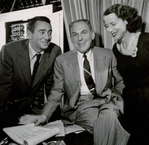 Macdonald Carey, Moss Hart, and Kitty Carlisle during rehearsals for the stage production Anniversary Waltz