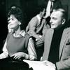 Unidentified actress and Jack Cassidy sitting during rehearsals of It's a bird, it's a plane, it's Superman