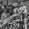 Jack Cassidy on bike with cast members in the stage production Wish You Were Here.