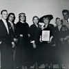 Unidentifed women present an award to Jack Cassidy, unidentifed actor, Patricia Marand, Sheila Bond and Paul Valentine from the stage production Wish You Were Here.