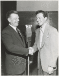 Publicity photo of Arthur Godfrey and an unidentified winner from the radio version of Arthur Godfrey's Talent Scouts.
