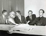 Jack Gilford, Jill Haworth, John Kander, Fred Ebb and Joel Grey during rehearsal for Cabaret