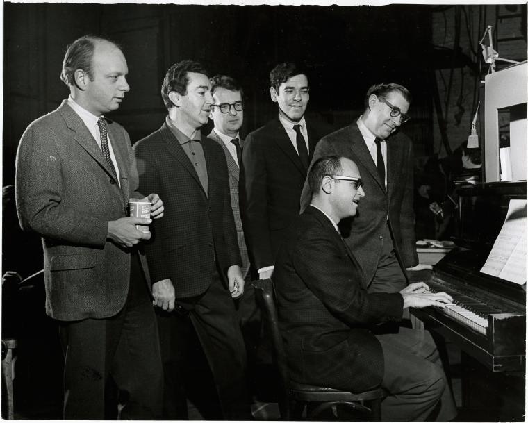 Charles Strauss, Lee Adams, Hal Prince, Robert Benton, David Newman and unidentified man during rehearsals for the stage production It's a Bird...It's a Plane... It's Superman