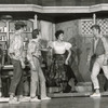 Chita Rivera as Anita confronts the Jets gang (pictured includes Lee Becker, David Winters, Tony Mordente, and Art Smith) in the stage production West Side Story