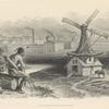 Native American man with face in hand, apparently in sorrow over industrial scene of windmill and factories further in the distance