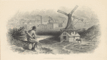 Native American man with face in hand, apparently in sorrow over industrial scene of windmill and factories further in the distance