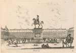 Equestrian statue atop a pediment situated in the middle of a piazza populated with people on foot and horseback