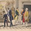 Domestic staff attending to affluent men arriving at a home for a social or business gathering