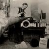 Lionel Mapleson with Edison Home Phonograph and extra large horn, probably at the Metropolitan Opera House