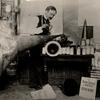 Lionel Mapleson with Edison Home Phonograph and extra large horn, probably at the Metropolitan Opera House