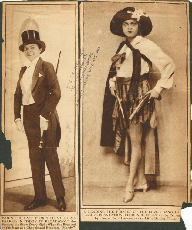 Two full length portraits of Florence Mills. In one, she is wearing a tuxedo, and the other, a skirt.