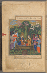 Âdam and Hawwâ wearing crowns and royal robes enthroned in Paradise