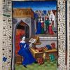 Miniature showing Leontia in a courtyard, studying a book propped up on a lectern before her.  Other books scattered around.  In middle distance, meeting of groups of courtesans and customers.  Initial, rubric, border design.