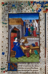 Miniature showing Leontia in a courtyard, studying a book propped up on a lectern before her.  Other books scattered around.  In middle distance, meeting of groups of courtesans and customers.  Initial, rubric, border design.